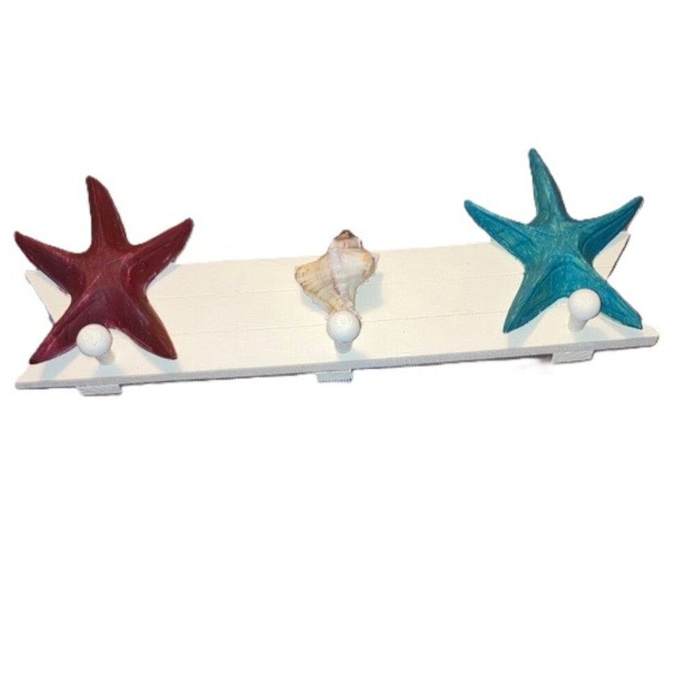 Nautical Starfish and Seashell Wall Hook Hanging Decor 18 x 7 inches